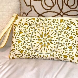 CARLOS SANTANA White LEATHER LACE Mustard Large Clutch with Wrist Strap